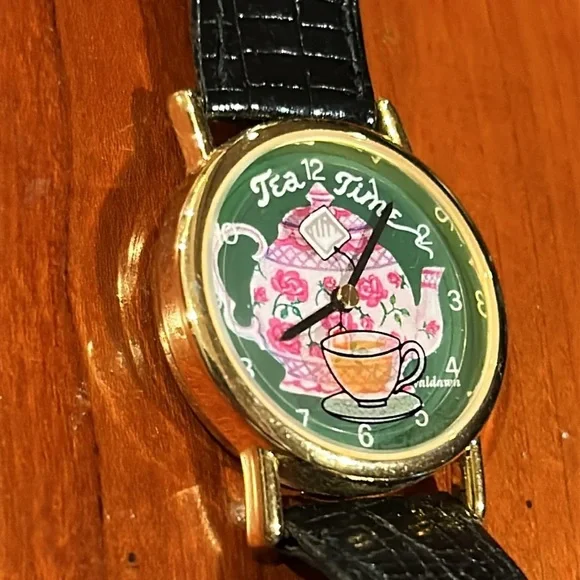 Tea Time Pop Art Tea Pot Watch Genuine Black Leather Strap Watch Gold Accents - Picture 3 of 12